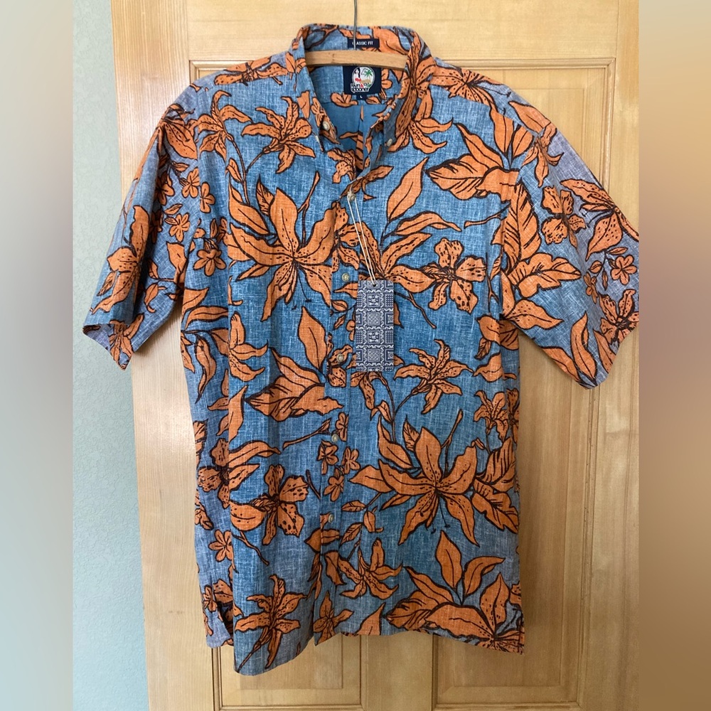 REYN SPOONER Blue and Orange Casual Button Down Hawaiian Shirt (NEW) - Picture 2 of 10